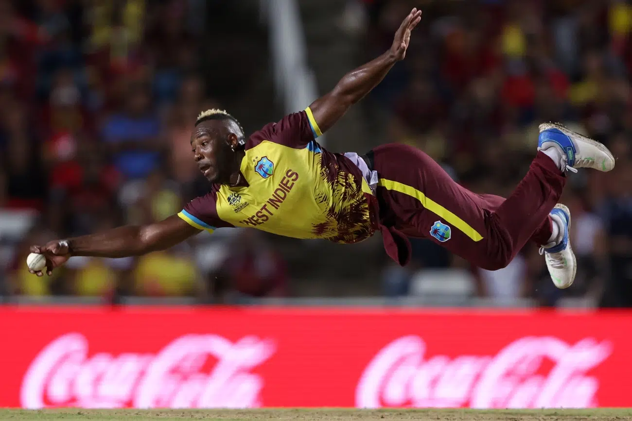 Cricket player flying in the air